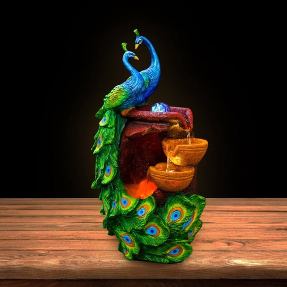 Peacock Fountain Tabletop Ornament Indoor Creative Feng Shui Waterfall LED Resin Decor