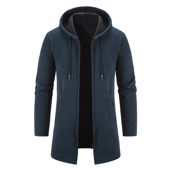Men's hooded jacket, autumn and winter fleece mid-length, casual zipper drawstring pocket outdoor business wear