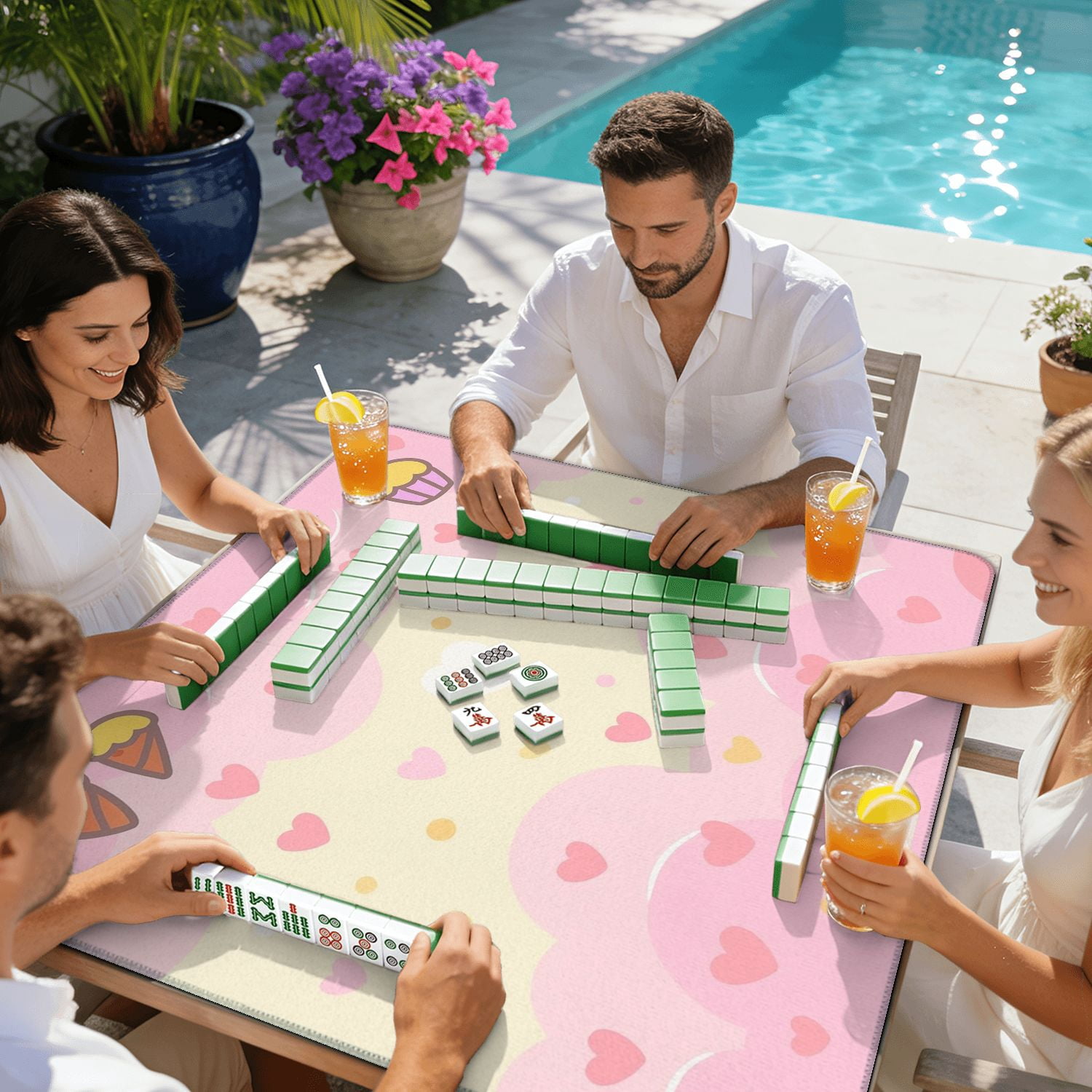 Mahjong Mat 31.5" x 31.5" Cute Pastel Pink Ice Cream Cupcake Hearts Clouds Non-Slip Noise Reduction American Mahjong Tiles Table Cover for Dominoes Poker Card Board Games Gift