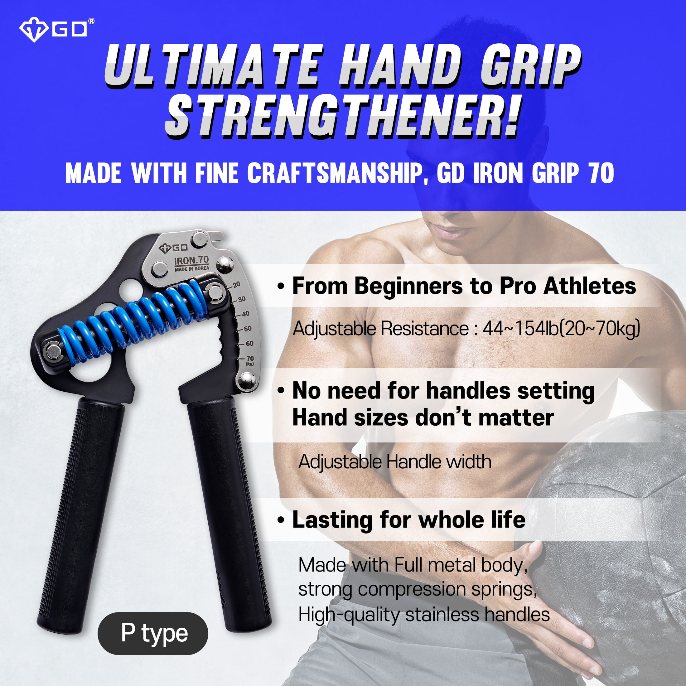 GD IRON GRIP 70(P) Adjustable Hand Grip Strengthener, 44~154lbs Grip Strength Trainer Premium Forearm Strengthener Hand Gripper for Grip Strength
