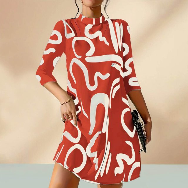 Fankiway Mode Femmes Décontractée Ample Col Rond Manches Mi-Longues Robe Confortable Imprimée Grande Taille Robes pour Femmes Rondes Printemps Robes pour Femmes 6912