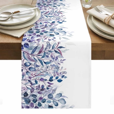 Blue Purple Leaves Table Runner - 60 Inch Long Kitchen Dining Table Runner Dresser Scarves Summer Botanical Eucalyptus Leaves Farmhouse Decor for Coffee Tables Wedding Party Banquet