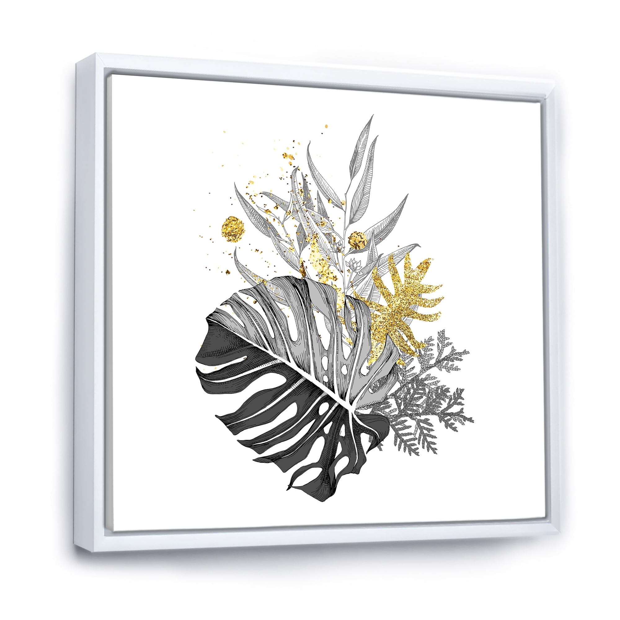 Designart 'Bouquet With Golden Tropical Leaves and Monochrome' Tropical Framed Canvas Wall Art Print