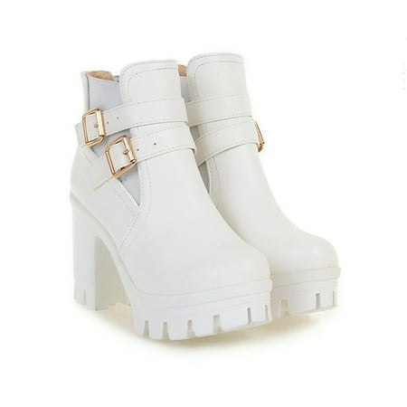 

Cathalem Women s Boots & Booties Wide Width Women Belt Buckle Fashion Boots Thick Shoes Fashion Platform Boots for Women Sexy White 9