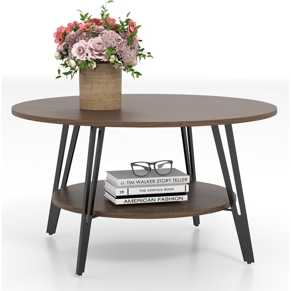 Manora Round Wooden Coffee Table for Living Room – 2 Tier Circle Center Table with Storage, Modern Industrial Small Coffee Table with Black Metal Legs, Walnut