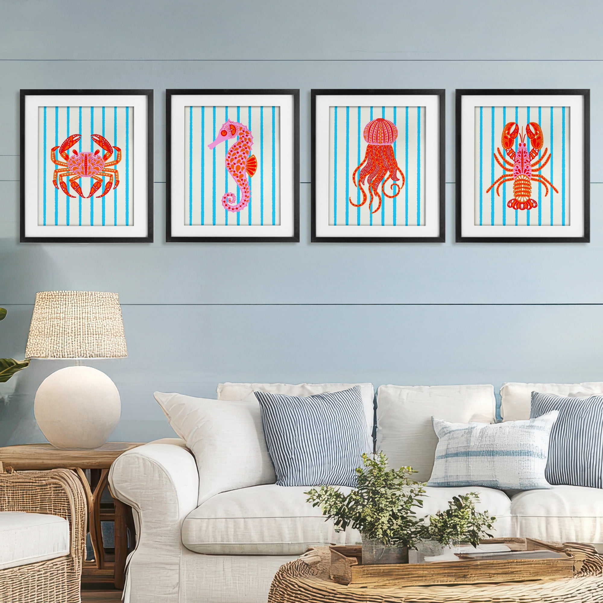 Stupell Industries Bright Sea Creatures on Stripes 4 Piece Black Framed Print Under Glass Set, design by Indira Prieto | IndySign