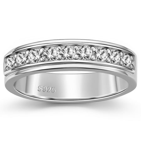 SFTING Men Wedding Band 925 Sterling Silver Rings for Men White Plated Round 5A Zirconia Size 9