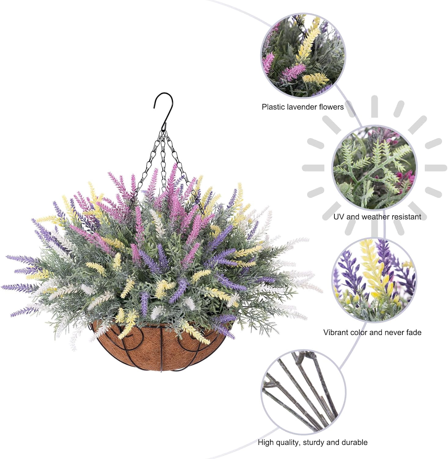 Artificial Fake Hanging Flowers Plants Basket for Outdoor Outside Spring Summer Decoration, Faux Mixed Colorful Lavender in Planter Look Real UV Resistant for Home Patio Porch Balcony Yard