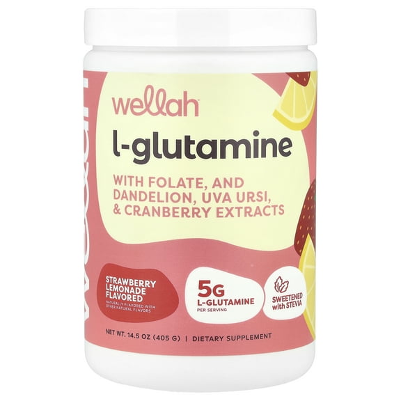 Wellah L-Glutamine Strawberry Lemonade Flavored (50 Servings) - 5g L-Glutamine Per Serving, Sweetened with Stevia