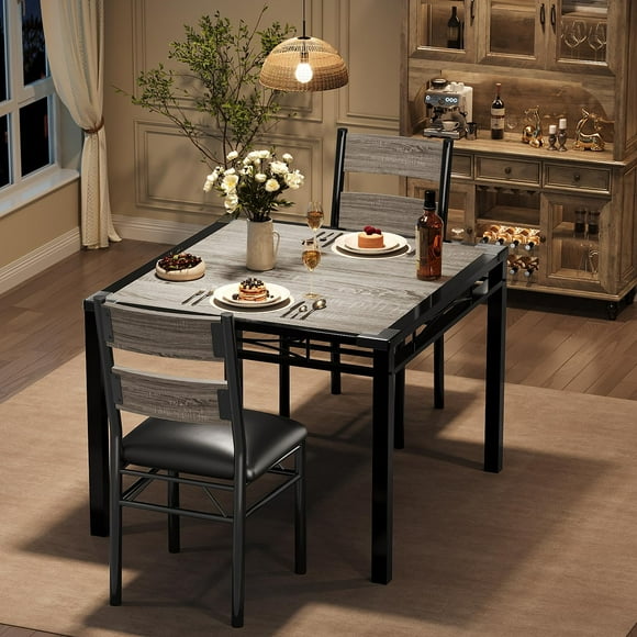 Dining Table Set for 2, Dining Table with 2 Upholstered Chairs, Wood 3-Piece Kitchen Dining Room Table Set with Corner Protector for Small Space, Kitchen, Apartment, Rustic Gray