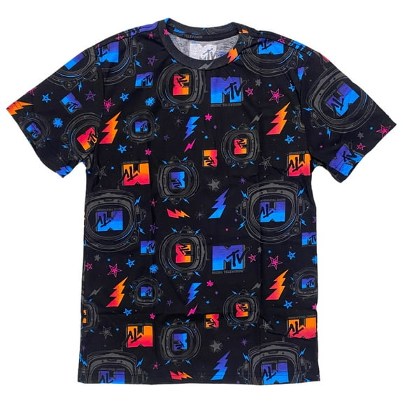 MTV Music Television Men's Officially Licensed All Over Print Tee T-Shirt (Small, Black)