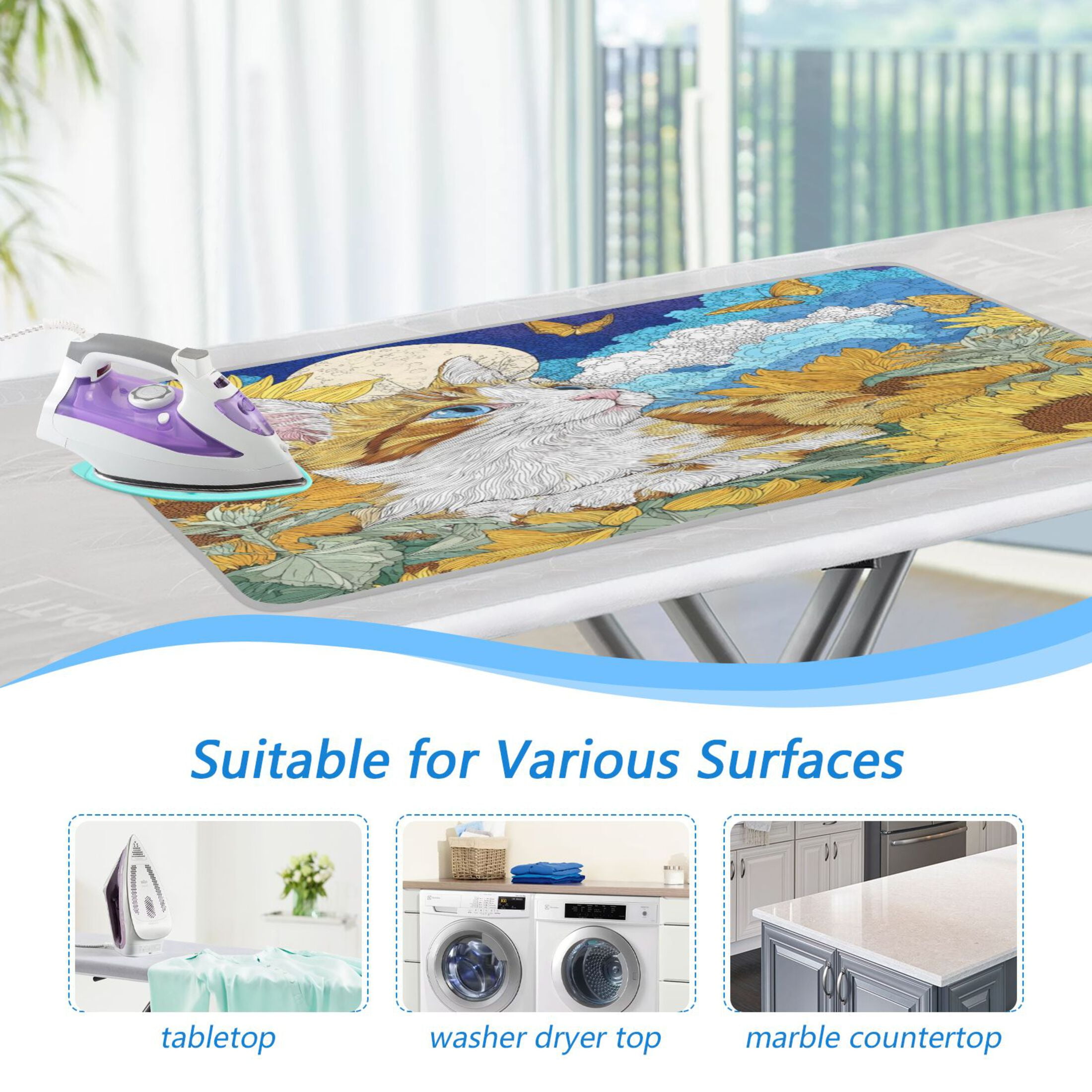 Ironing Mat Portable Ironing Blanket for Table Top Travel Ironing Pad for Washer Dryer 27.6" x 47.2" Cat Lies in The Sunflowers