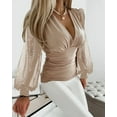 thumbnail image 2 of Shirts For Women Deep V Neck Tops Slim Fit Puff Long Sleeve Elastic Waist Ruched Wrap Low Cut Blouse Shirt Crop Top Long Sleeve Shirts For Women, 2 of 4