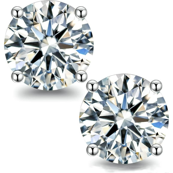 RYNSITO Moissanite Stud Earrings for Women, 2ct 14K White Gold Plated Silver Friction Back and Post for Women Men, D Color VVS1 Round Lab Created Diamond Earrings Men