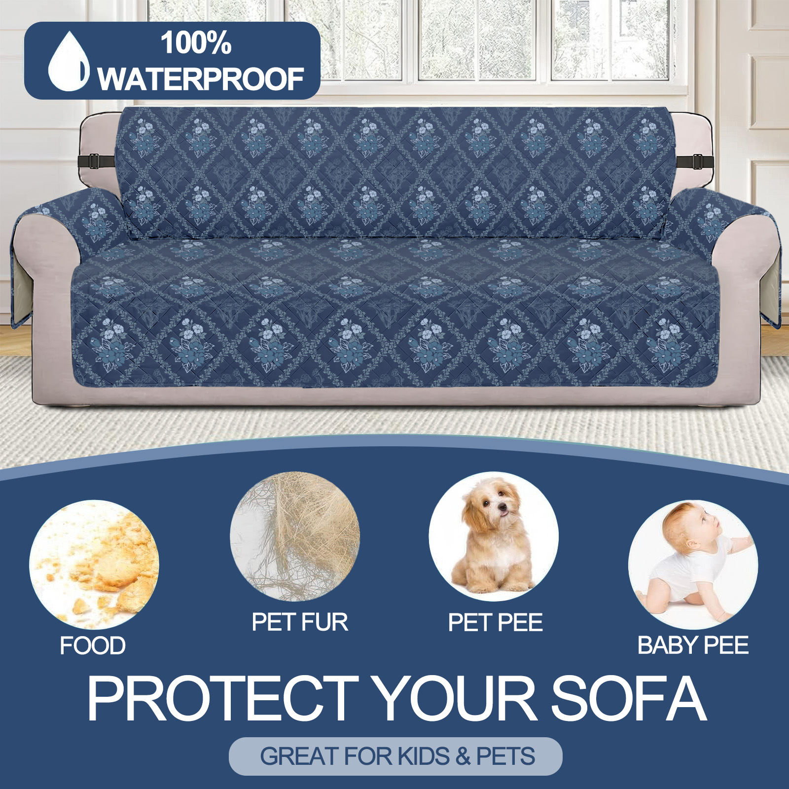 Sanmadrola Waterproof Sofa Cover Slipcover Couch Cover Furniture Protector Machine Washable Non Slip Leakproof with Straps for Dogs Kids Pets Navy Blue Flower Sofa