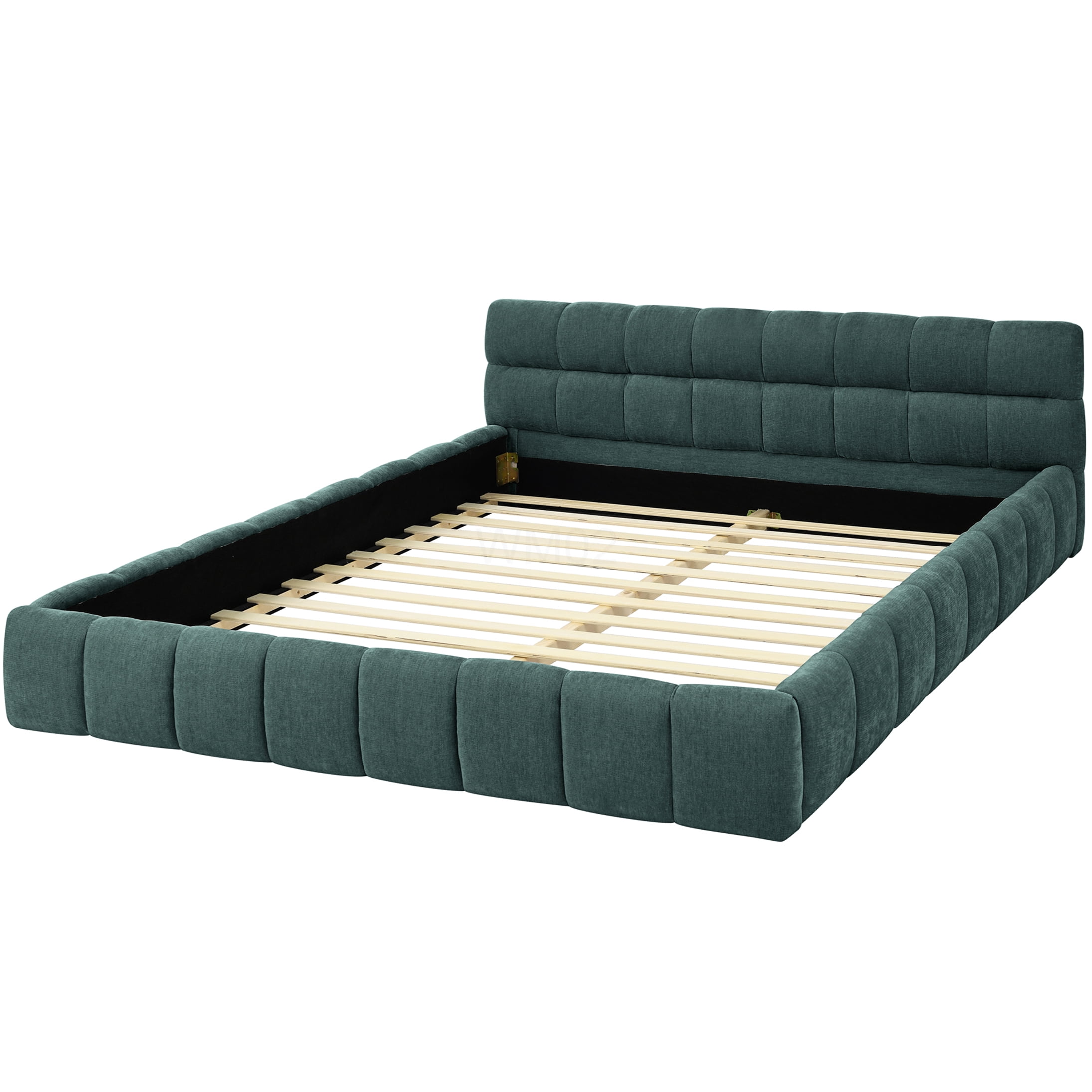 Queen Size Upholstered Platform Bed Frame with Headboard, Modern Chenille Fabric Bed, No Box Spring Needed, Blue Green