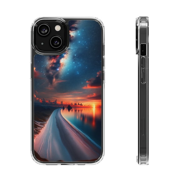 DistinctInk Hybrid (Acrylic / TPU) Clear Slim Fit Case for Apple iPhone 15 (6.1" Screen) - "Starry Night to Sunset: Nature's Metamorphosis"