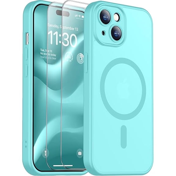 Eryueer for iPhone 15 Plus Case, Magnetic Translucent Matte Case with 2PCS Tempered Glass Screen Protector Slim Phone Case for iPhone 15 Plus 6.7'', Blue Green