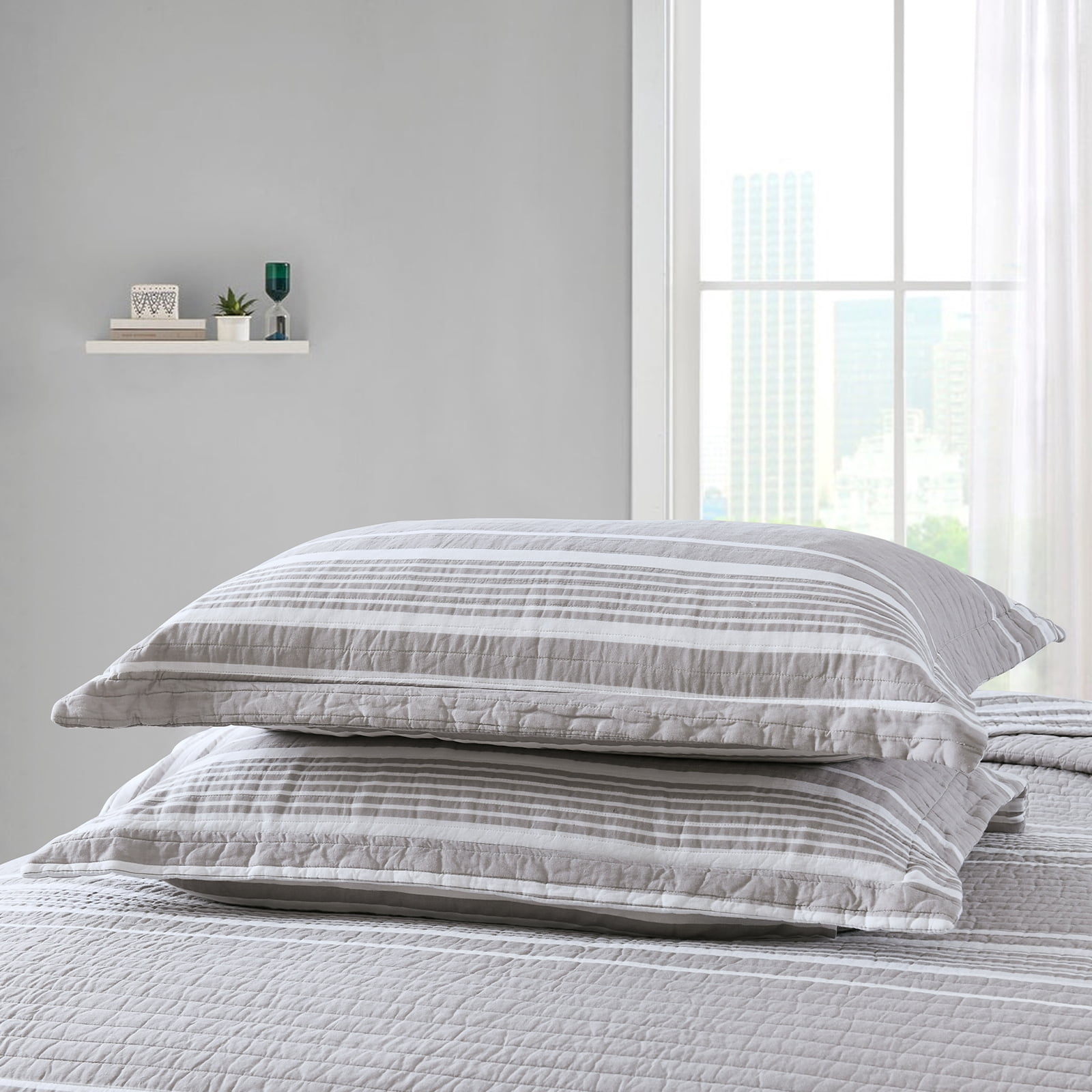 Y-PLWOMEN 100% Cotton Quilt Queen Size - Gray Quilt White Striped Lightweight Quilted Bedspread, Queen Comforter Set, Soft Bed Spread for Queen Bed with Pillow Shams
