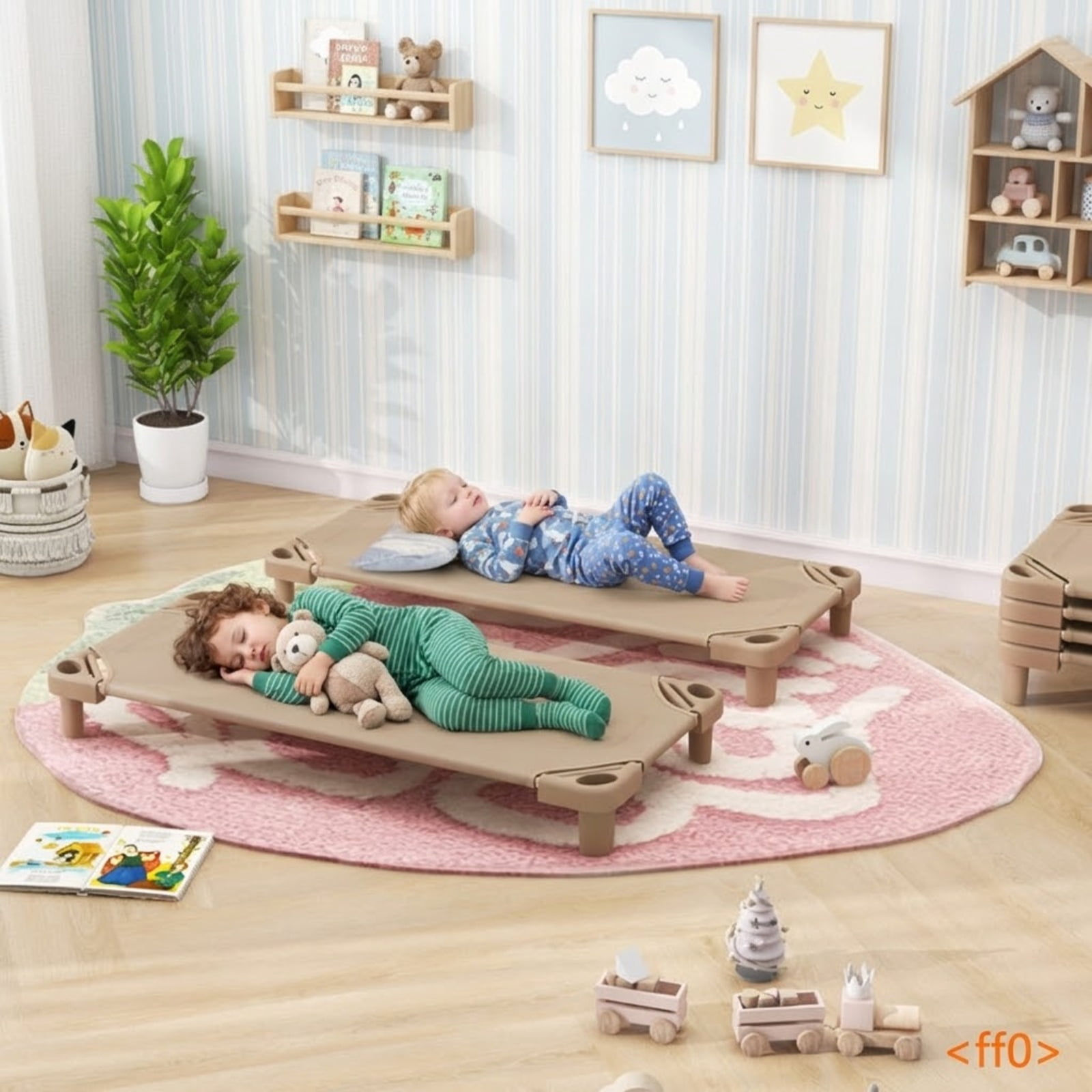 Furnibear Toddler Bed Kids Stackable Daycare Cot Pack of 6 with Detachable Oxford Cloth, Coffee