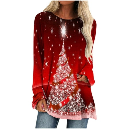 Christmas Gift For Family,Sweaters For Women LIDYCE Women Long Sleeves Floral Casual Shirts Solid O-Neck Pullover Loose Tunic Tops Christmas Tree Print Round Neck Blouse,Holiday Gift Guide