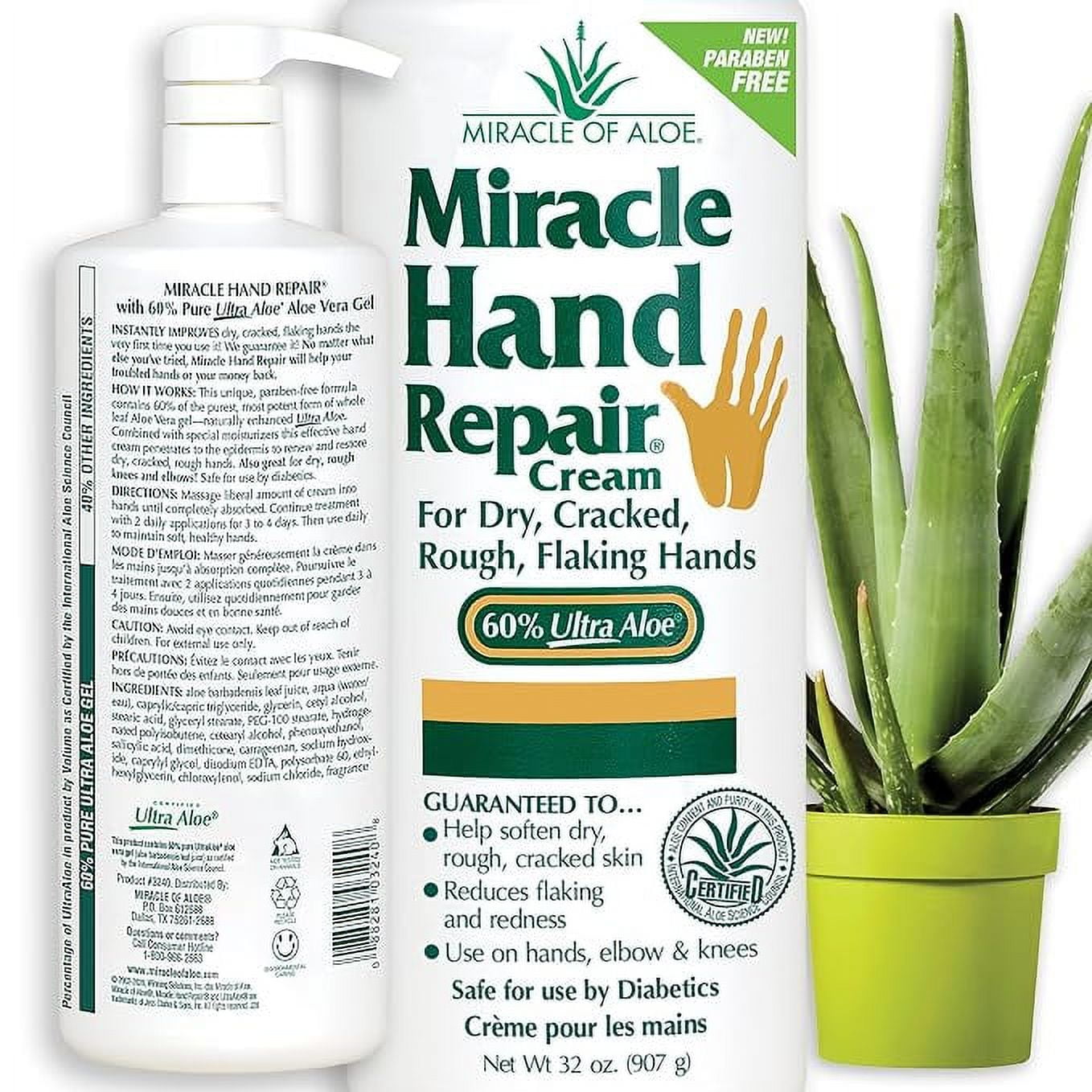 Miracle of Aloe Miracle Hand Repair Cream 32 oz with Pump - Healing Aloe Vera Lotion for Dry, Cracked Hands with 60% Ultra Aloe Gel - Moisturizes, Softens, and Repairs - Non-Greasy, Lightly Scented