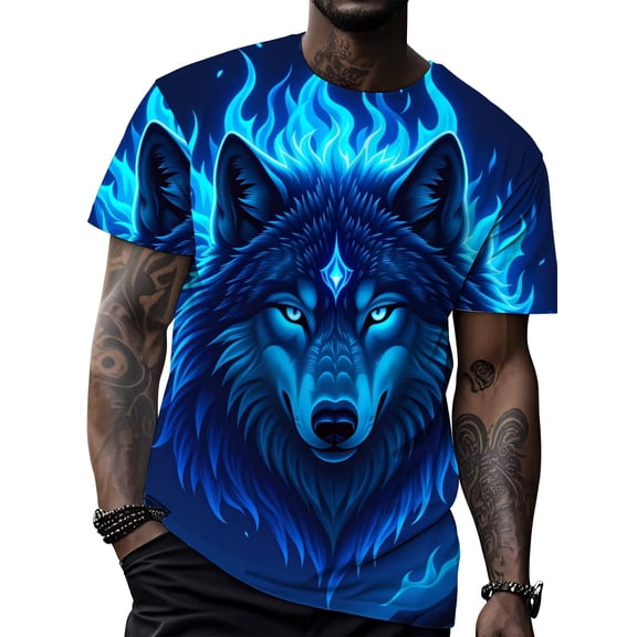 Blue Wolf Flame Print T-Shirt Men's Casual Outdoor Adventure Fashion Tops