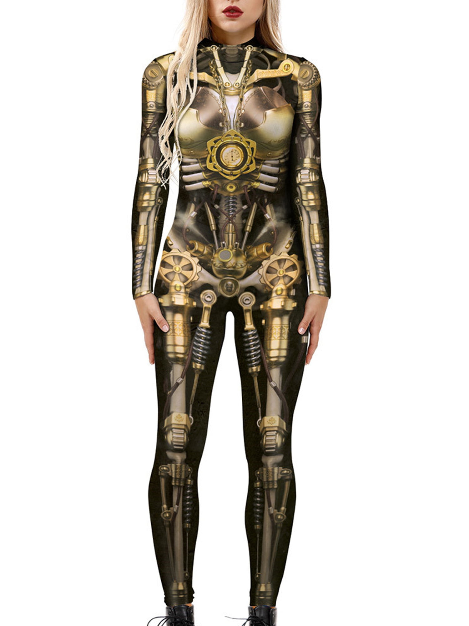 Ladies Skeleton Catsuit Gold Jumpsuit Halloween Costume Womens Fancy Dress 