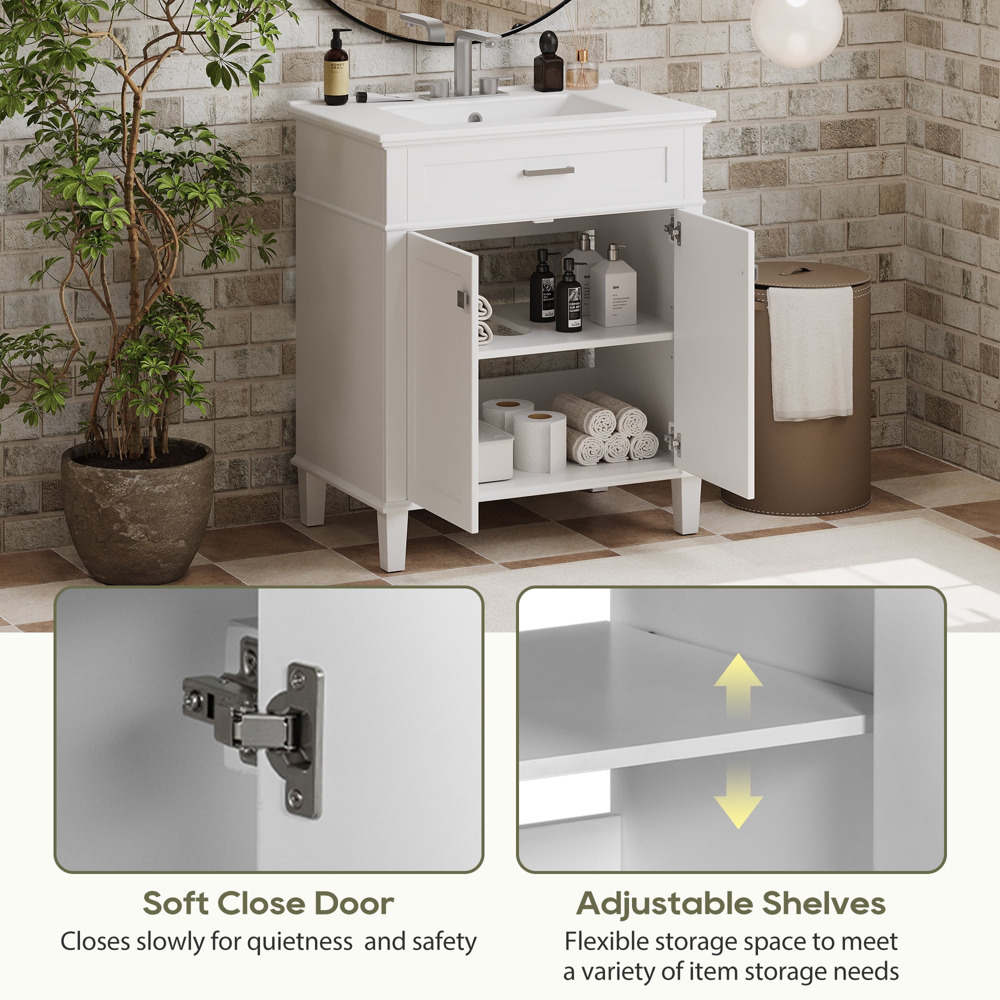 Euroco 30-inch bathroom vanity with ceramic basin, soft close door and adjustable shelves