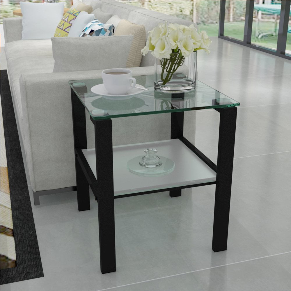 Tcbosik Glass Top End Table, Square Glass Side Table for Living Room