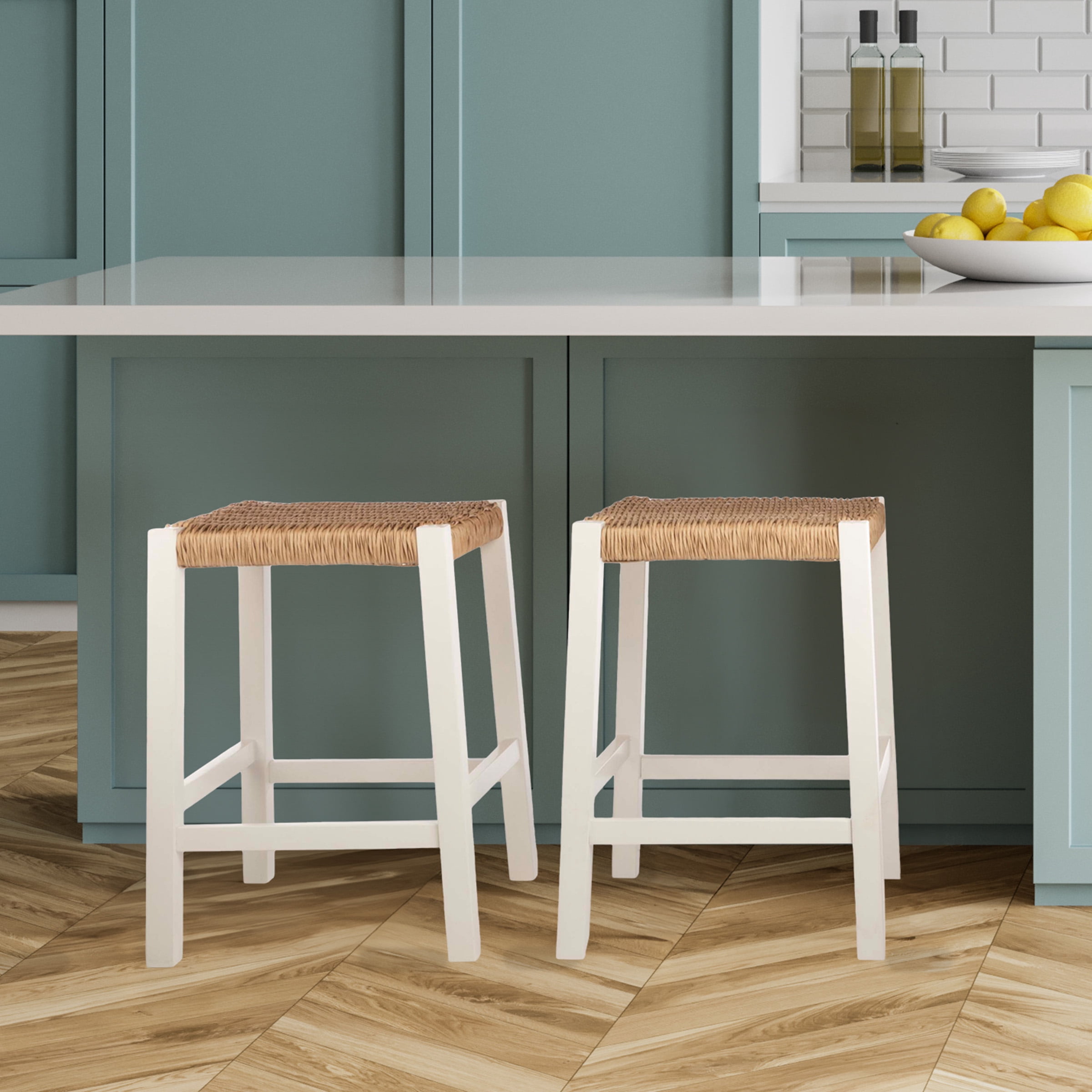 Alaterre Furniture Newport 24 in. Wood Bar Stool with Rush Seat, Counter Height Stool for Kitchen, Bar or Dining Room, White