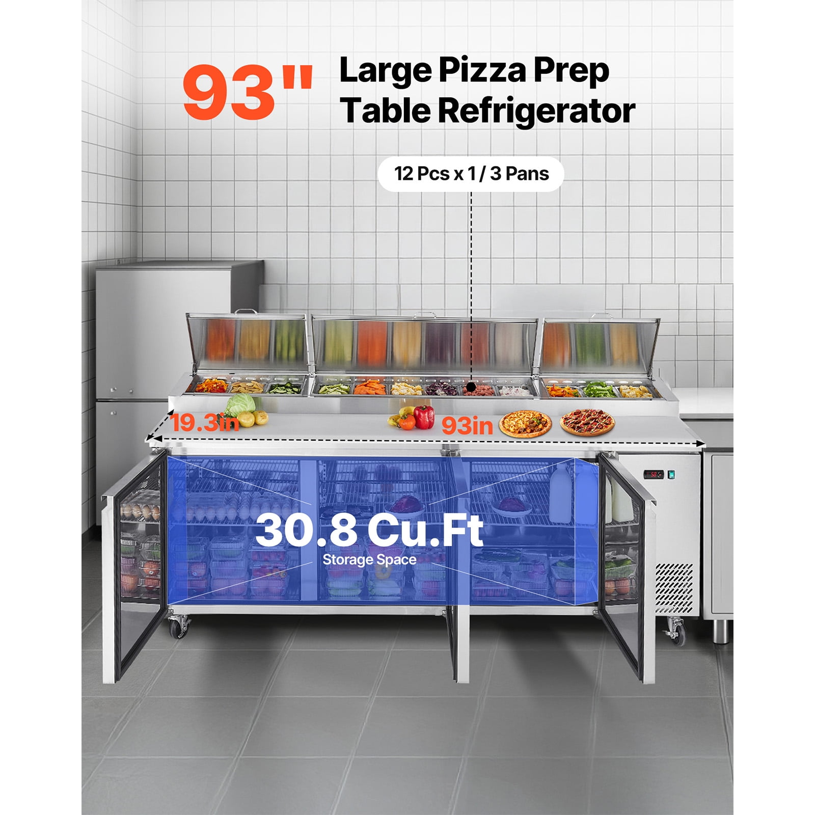 KFFKFF 93"W Commercial Refrigerated Prep Table, 20" Wide Countertop for Food Preparation, 30.8 Cu.Ft Single Door Salad Fridge, Includes 12 Pans and Cutting Board for Pizza and Salad Work