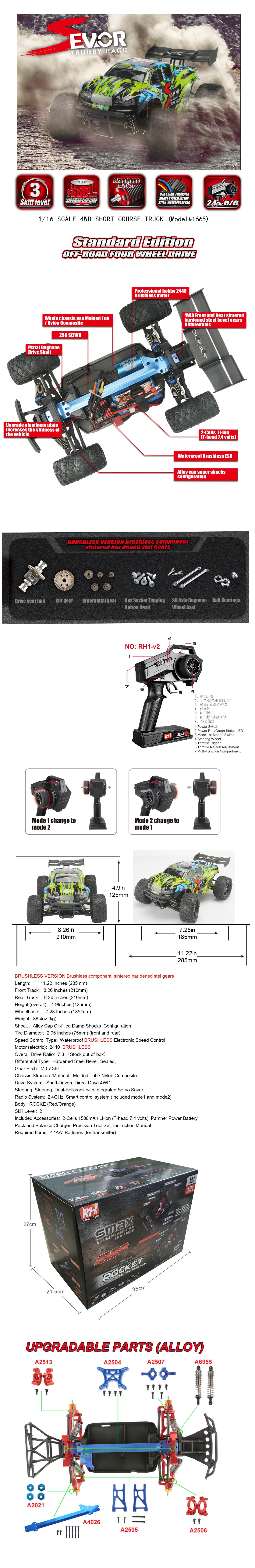FMT, RC 1665 1:16 2.4Ghz High Speed 4WD 50km/h Radio Control Car Waterproof Brushless Motor Off Road Monster Truck Buggy Electric Crawler All Terrain R/C Car Vehicle (Color May Vary)