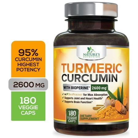 Turmeric Curcumin Highest Potency 95% Curcuminoids 2600mg with Bioperine Black Pepper for Best Absorption, Made in USA, Best Vegan Joint Pain Relief, Nature's Nutrition Turmeric Pills - 180