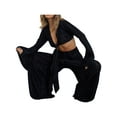 thumbnail image 3 of Qmyliery Women Two-piece Pants Suit, Solid Color Deep V-neck Tie Front Crop Tops and Straight-leg Trousers,S/M/L/XL, 3 of 5