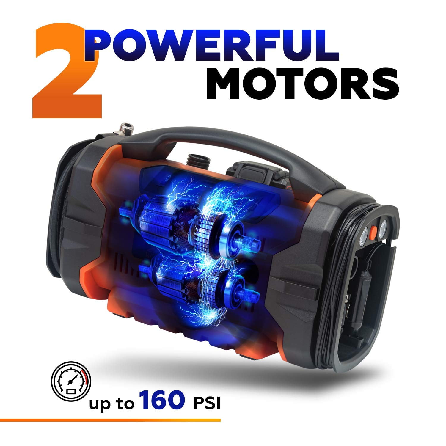 RoofPax Air Compressor for Car Tires - Tire Inflator with 3 Power Sources, AC DC and Battery, Heavy Duty Portable Design, Auto Electric Air Pump with Pressure Gauge for Cars, Bike Tires, Inflatables