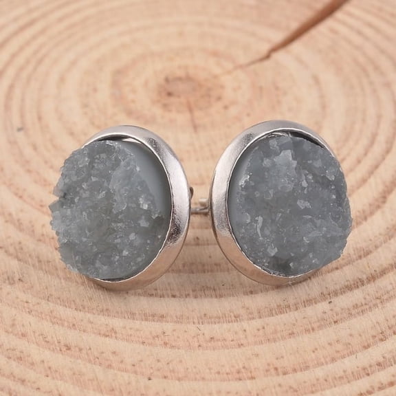 1 Pair 304 Stainless Steel Druzy Resin Ear Studs Gray Earrings Ornament Flat Round Cartilage Earrings for Women Birthday Festival Elegant Gifts Personalized Jewelry 14x7mm Pin: 0.7mm grey