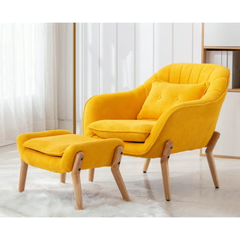 Guyou Linen Accent Chair and Ottoman Set, Modern Curved Backrest Lounge Armchair with Pillow for Living Room Bedroom, Yellow