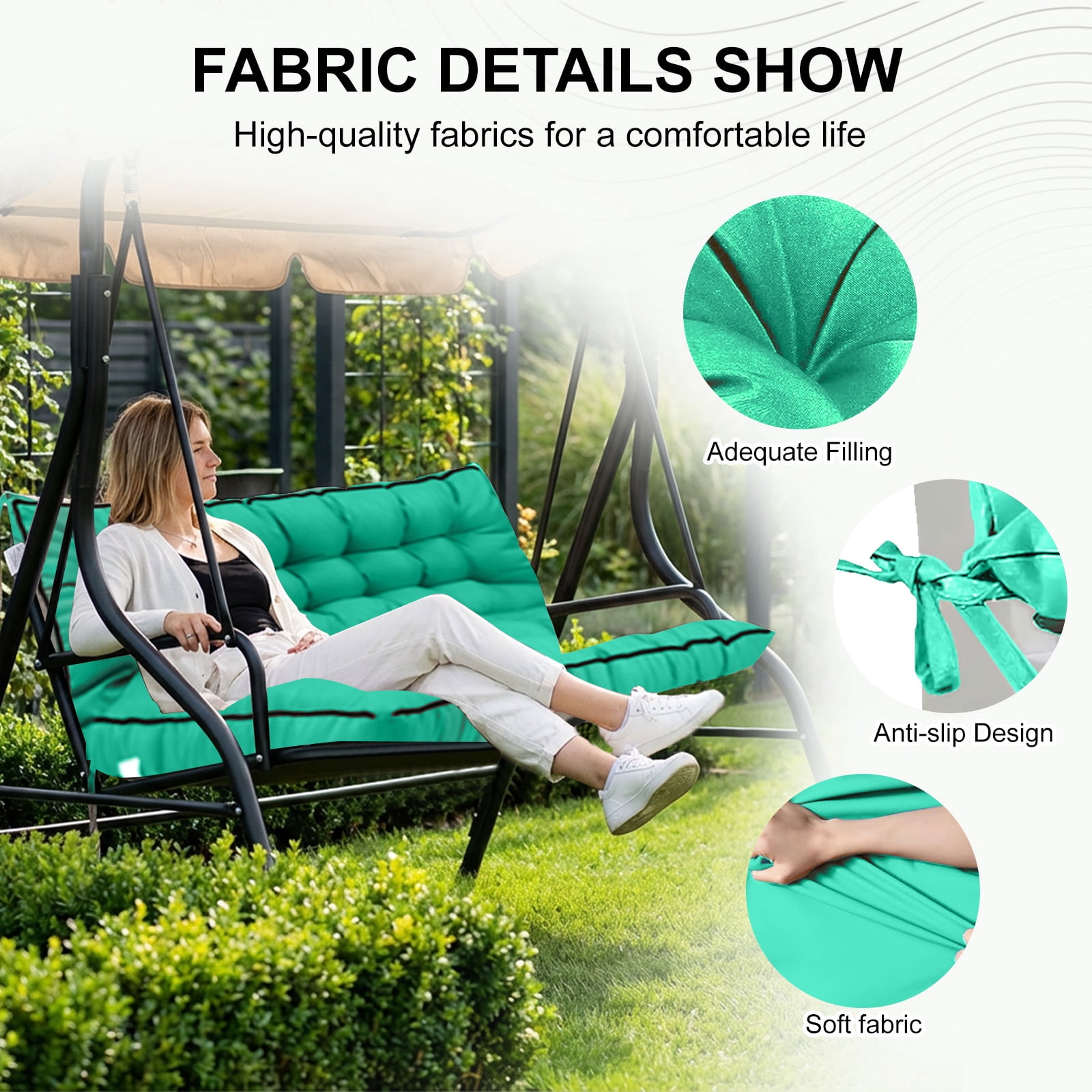3-Seater Outdoor Porch Swing Cushion with Backrest, 60×40 Inch 5 Inch Thick Splash-Proof Patio Bench Replacement Cushion with Fastening Ties for Backyard Garden Outdoor Furniture