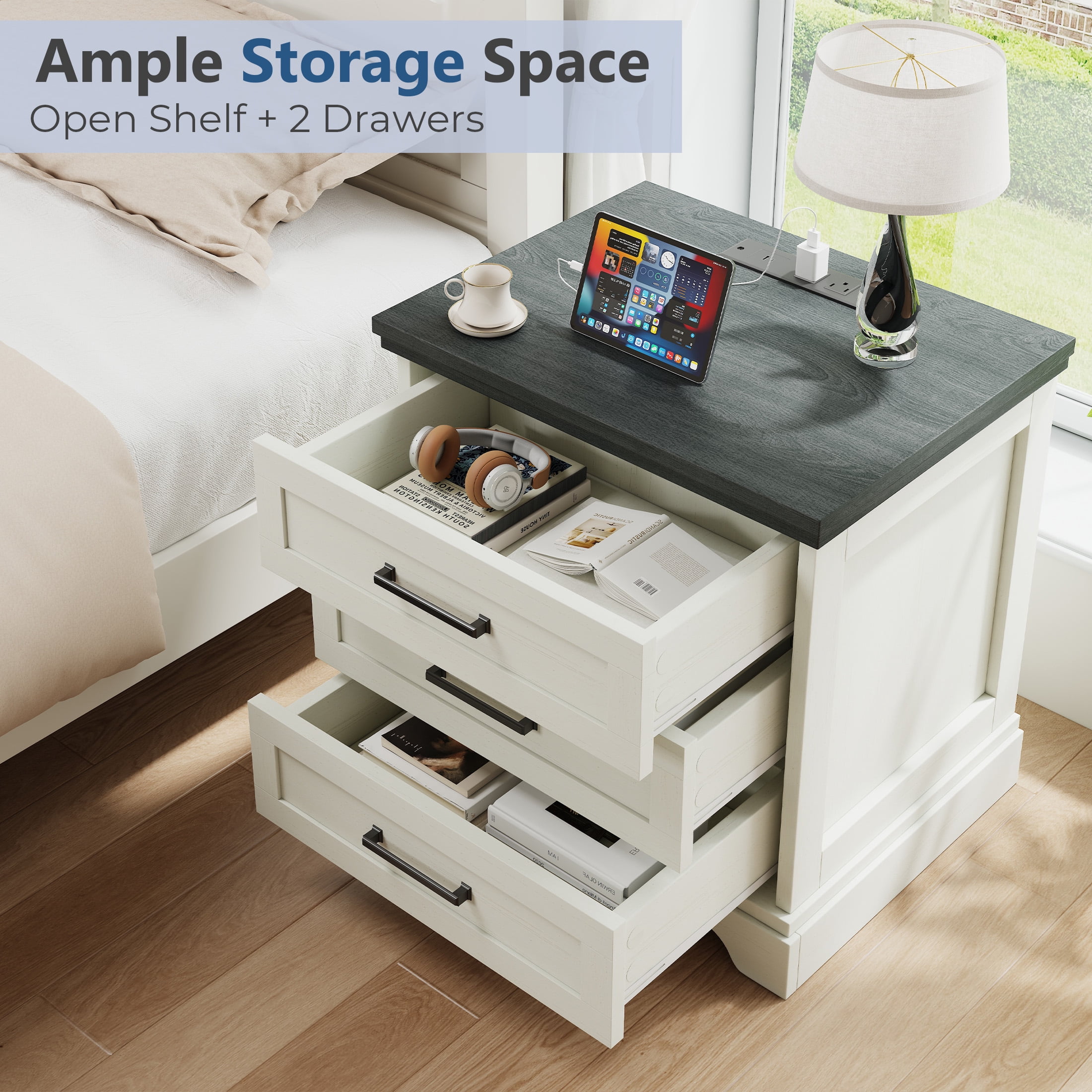 EDX 3 Drawers 24" Wood Nightstand with Drawers and Charging Station, Bedside Table for Bedroom or Living Room, White