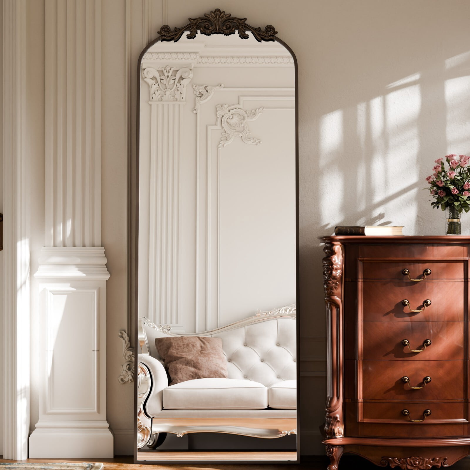 Easy4Home 67"x24" Vintage Arched Full Length Mirror Standing Floor Mirror with Baroque Style Carving Metal Frame, Antique Bronze