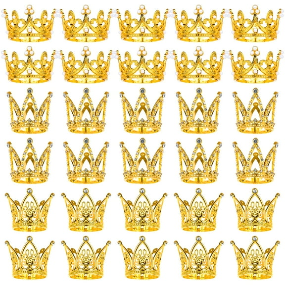 30 Pcs Crowns for Flower Bouquets Gold Napkin Rings Crown Cake Topper Mini Crown for Flower Bouquet Accessories Birthday Crowns Cupcake Toppers for Wedding Thanksgiving Day Decor, 3 Style