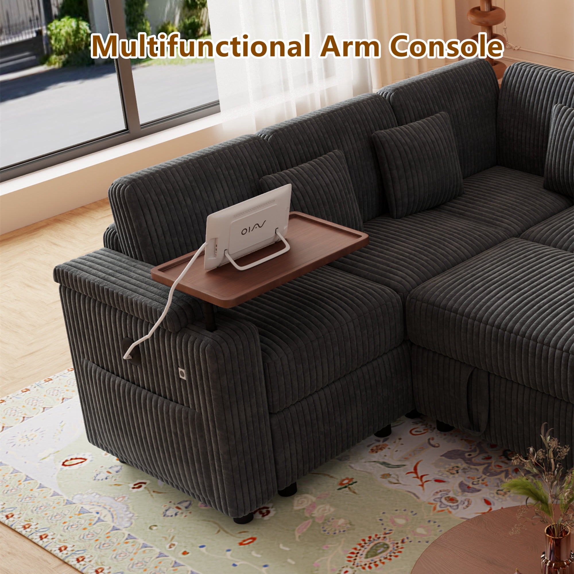 Aukfa 6 Seat L shape Sectional Couch Convertible Sofa Bed with USB &Cupholder Arm Storage Console, Floating Desktop, 4 Pillows, Corduroy, Dark Gray