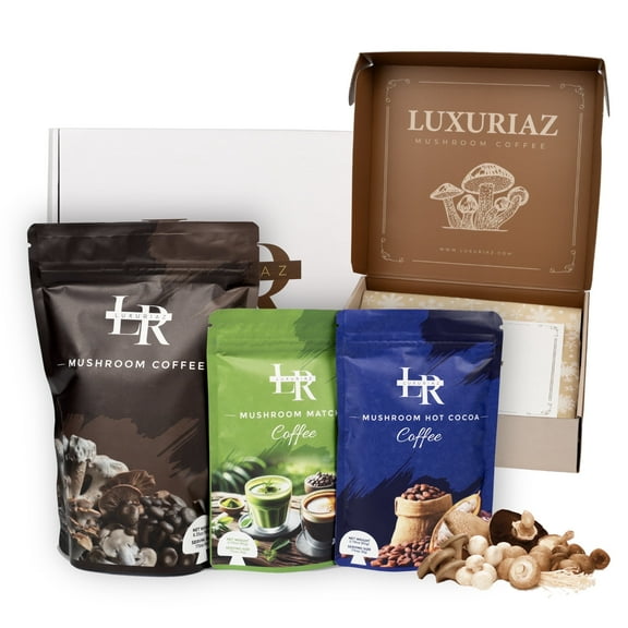 Luxuriaz 3-in-1 Organic Functional Mushroom Instant Coffee Kit with Matcha and Cocoa Blend, 240g