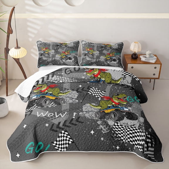 Castle Fairy Dinosaur Monster Truck Twin Quilt Set,Racing Flag Print Twin Coverlet Set,Gray Green