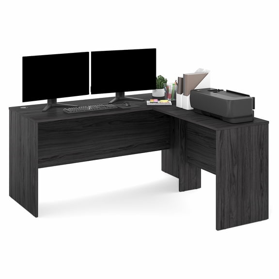 Furinno ROGER 60" L-Shaped Desk Reversible Return Cord Grommet Coastal Grey