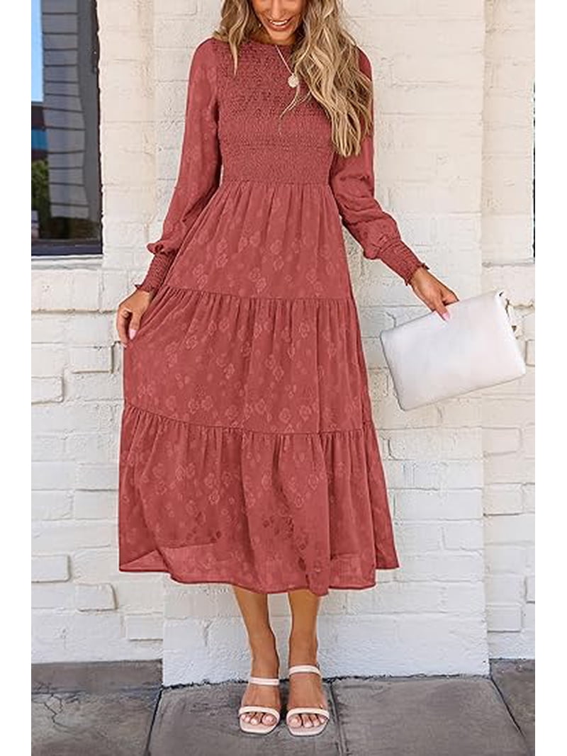 long sleeve midi dress with pockets Prettygarden Women's Fall Spring Midi Dress Long Sleeve Floral Smocked Elegant Wedding Guest Long Flowy Dresses with Pockets, Size: Small, Red