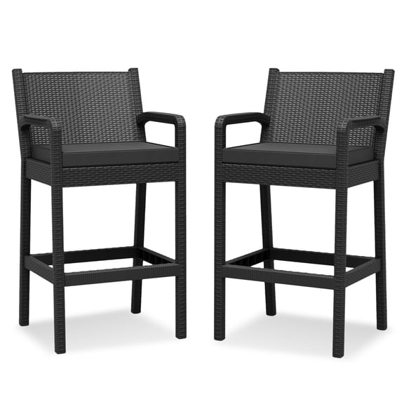 Patio Wicker Bar Stools Set of 2, 30'' Outdoor Counter Height Barstools with Thickened Cushions, All-Weather Wicker Rattan Bar Chairs with Backrest & Footrest for Backyard, Pool, Balcony, Black