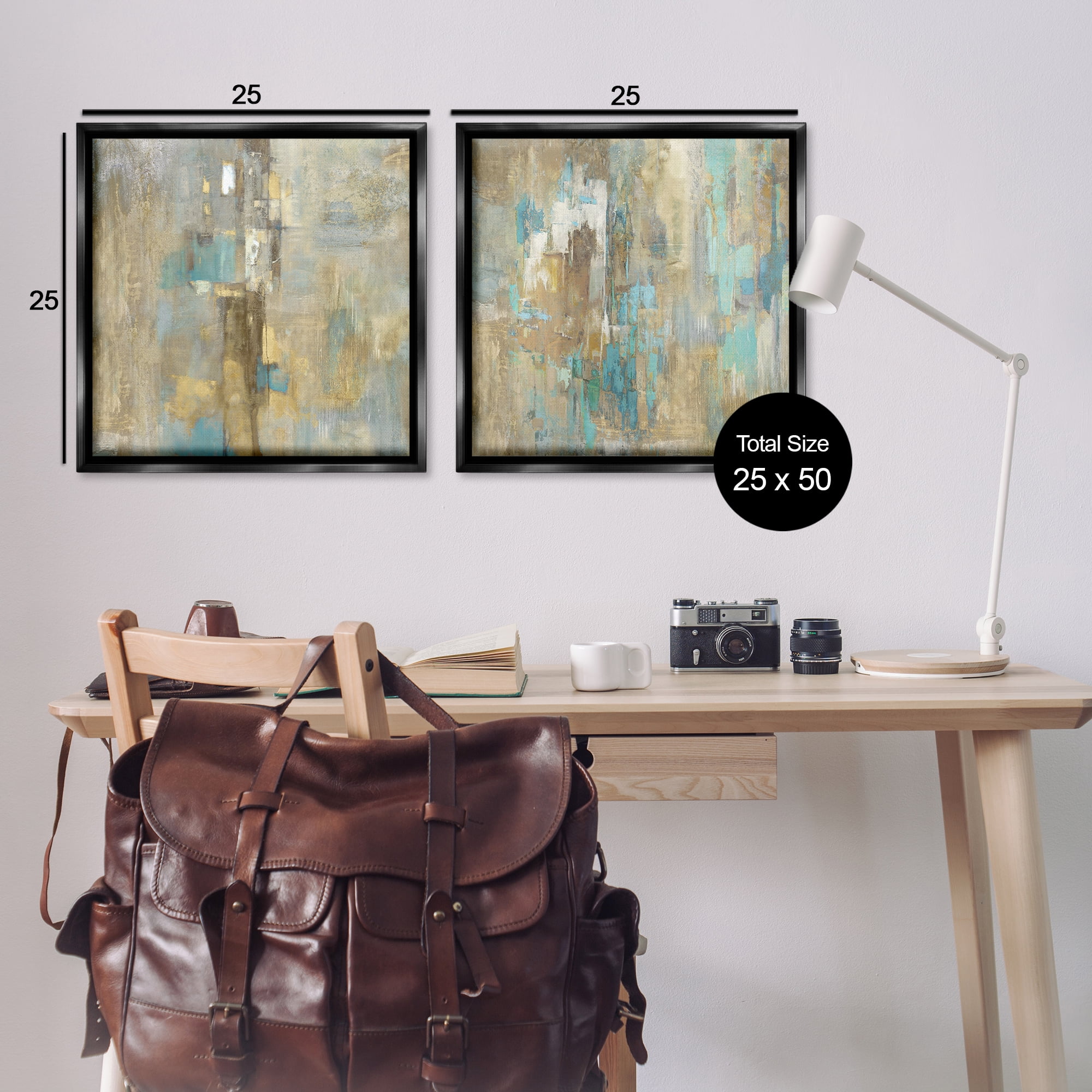 Stupell Industries Blue & Rustic Gold Composition Plants & Flowers Painting Black Floater Framed Canvas Art Print Wall Art, 25 x 25, Set of 2