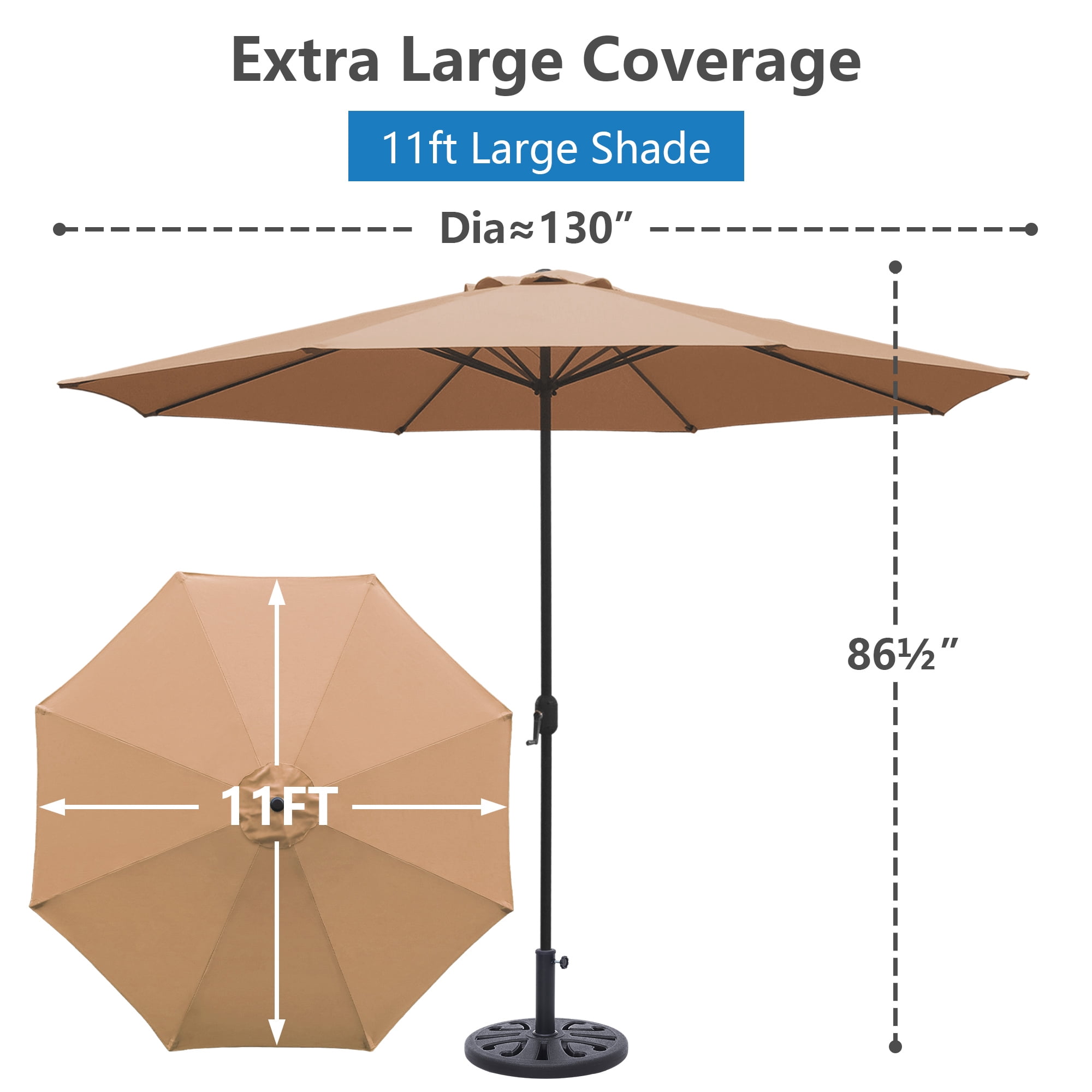 Abble 11FT Outdoor Patio Umbrella with Crank Handle, Market Umbrella with 8 Sturdy Umbrella Ribs, Waterproof for Garden Deck Backyard Pool, Tan